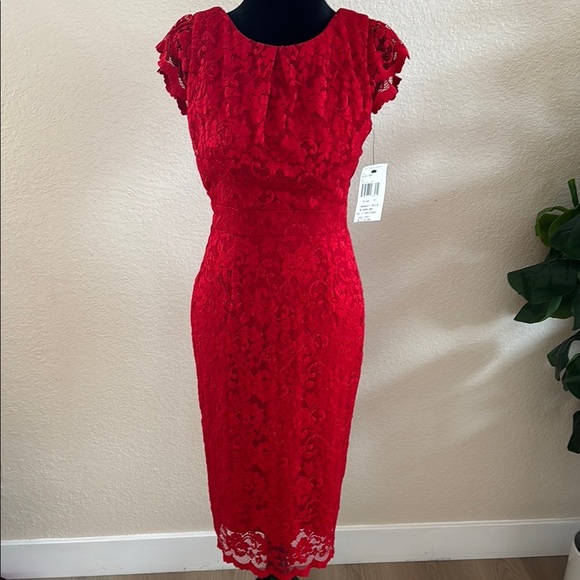 $240 NWT ABS by Allen Schwartz Lace Red Flutter Sleeve Pencil Dress 0133 - Picture 3 of 13